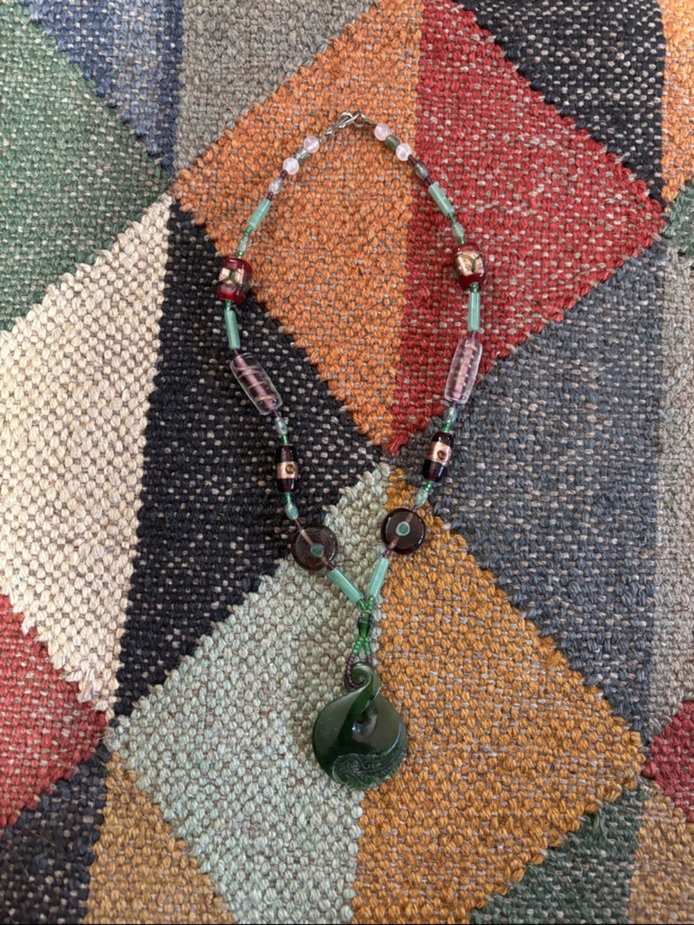 Green Glass Pendant Beaded Necklace Beachy Boho Eclectic